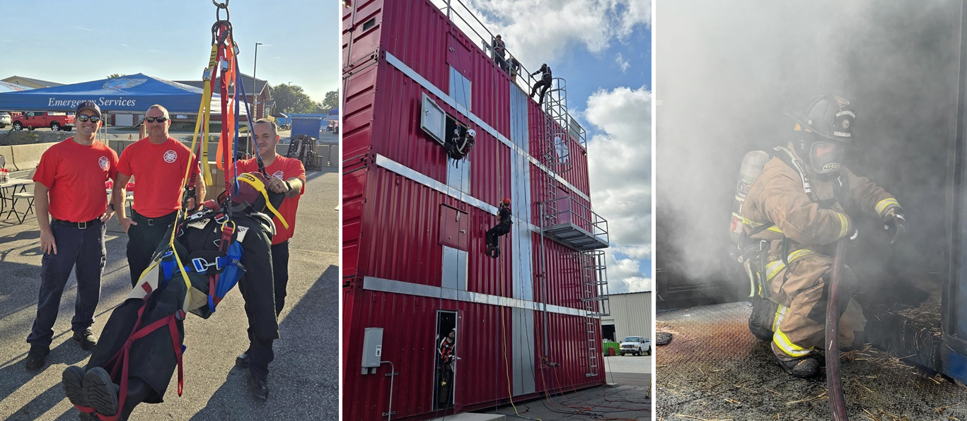 Firefighters participate in rescue, high-angle rope, and live-fire training exercises, demonstrating emergency response and technical rescue skills.