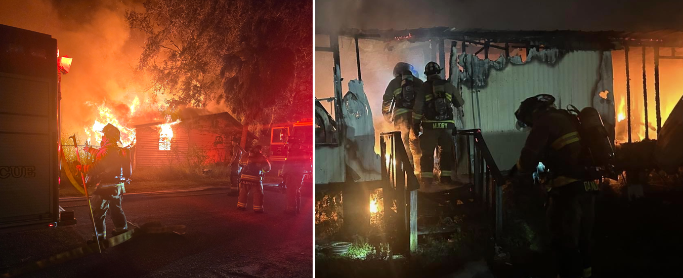 Side-by-side photos show firefighters responding to a nighttime structure fire, with flames engulfing a building in one image and crews working inside a heavily damaged structure in the other.