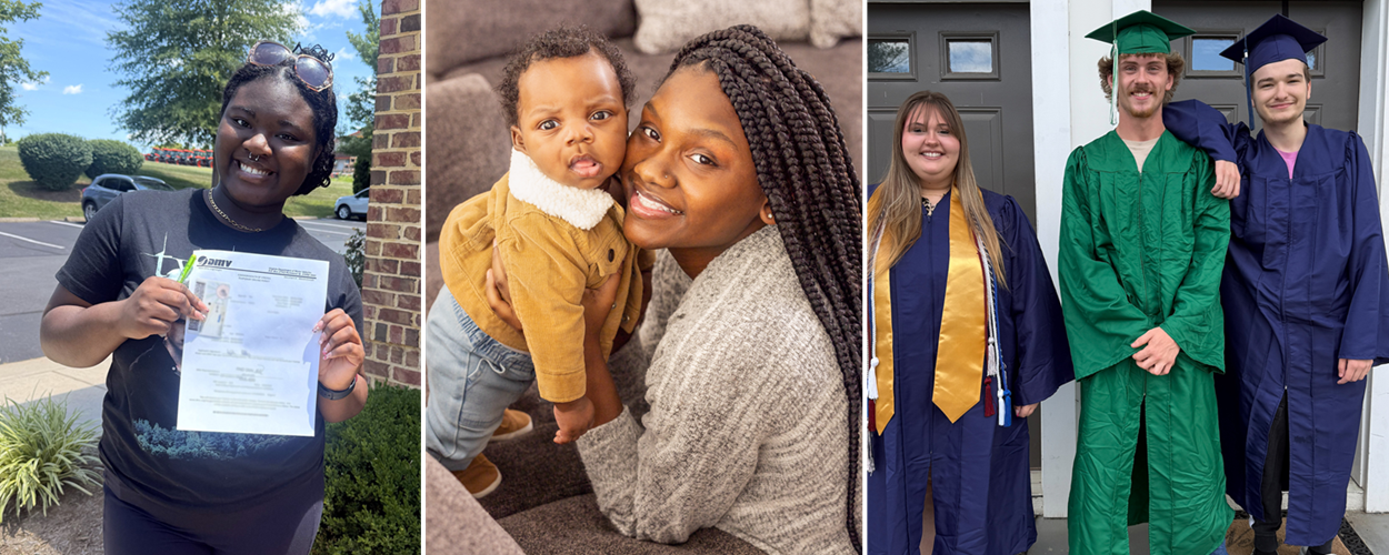 Left: Young woman holding drivers license document, Middle: mother and infant son, Right: 1 young woman and 2 young men in graduation cap and gown