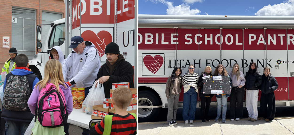 Kids in front of mobile school pantry