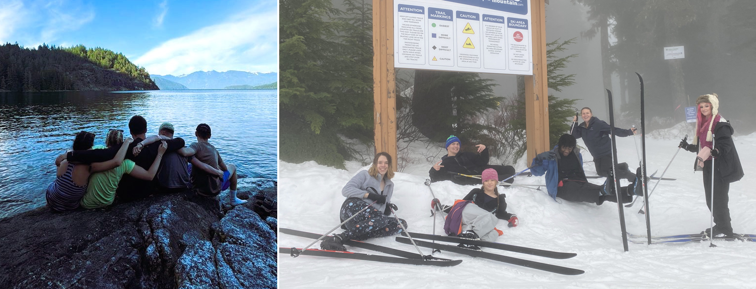 Teens skiing and sitting lakeside 