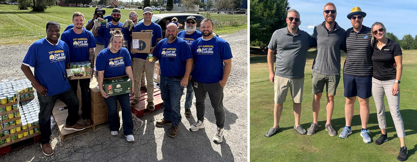 People holding up boxes of canned food, and a group of people on a golf course