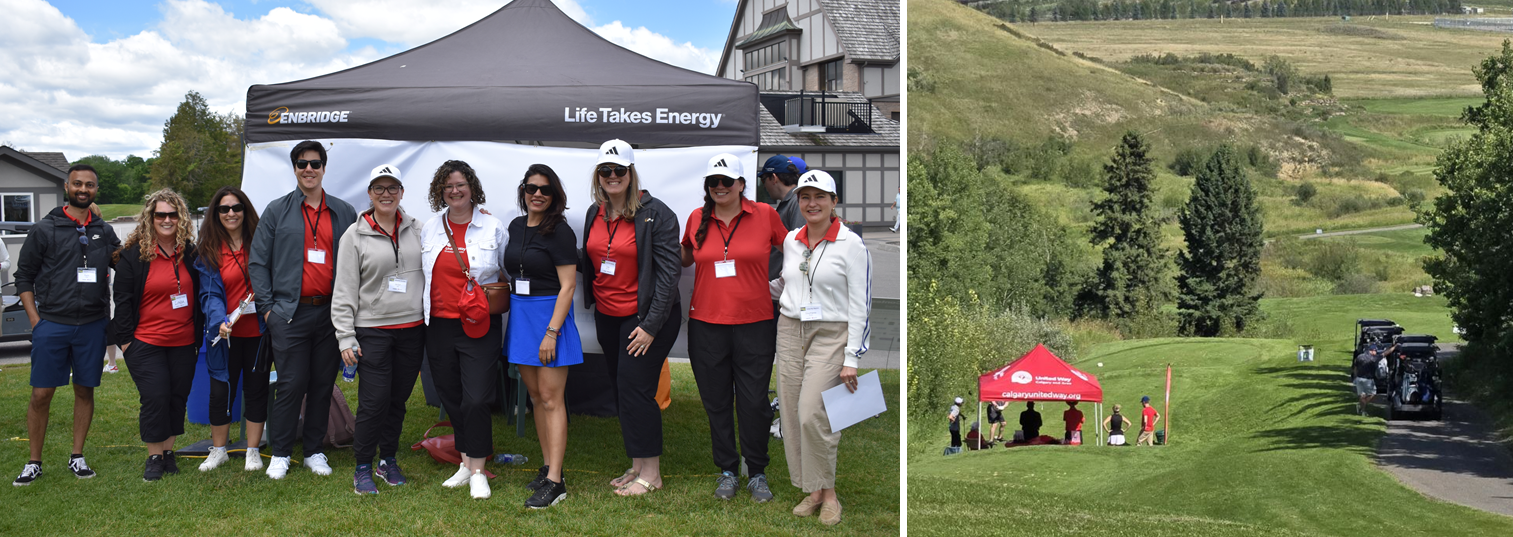 People in front of a pop-up tent, and golfers on the course