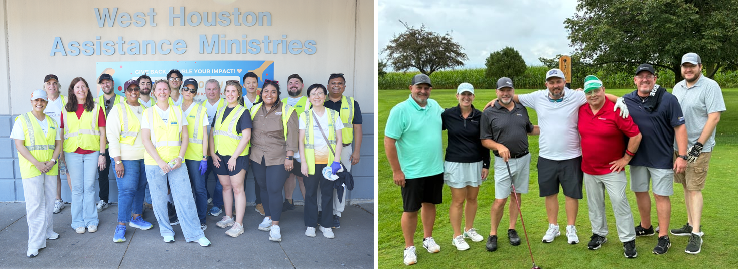 Large group of people in yellow shirts, and people out on the golf course